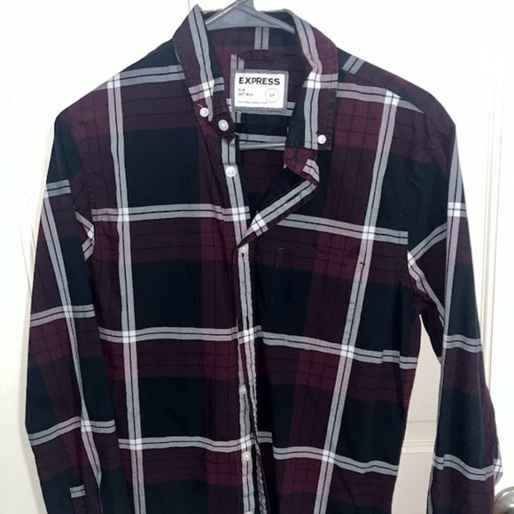 burgundy dress shirt express Express | Shirts | Express Mens Long Sleeve Button Up Shirt Burgundy Black  Plaid Slim Size Small